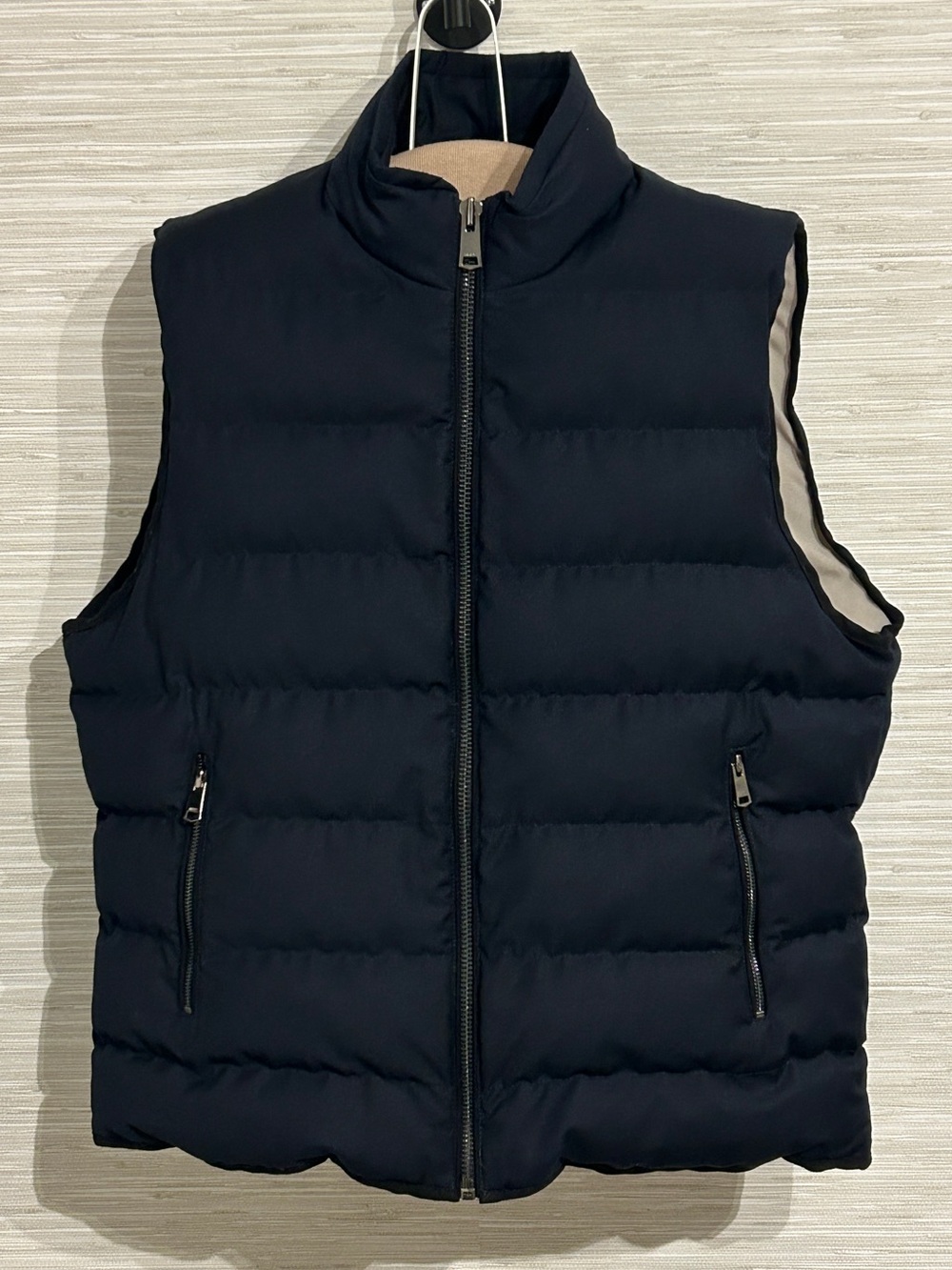 REISS Mens Navy Blue Quilted Puffer Vest Full Zip Mock Neck Size Medium/Large